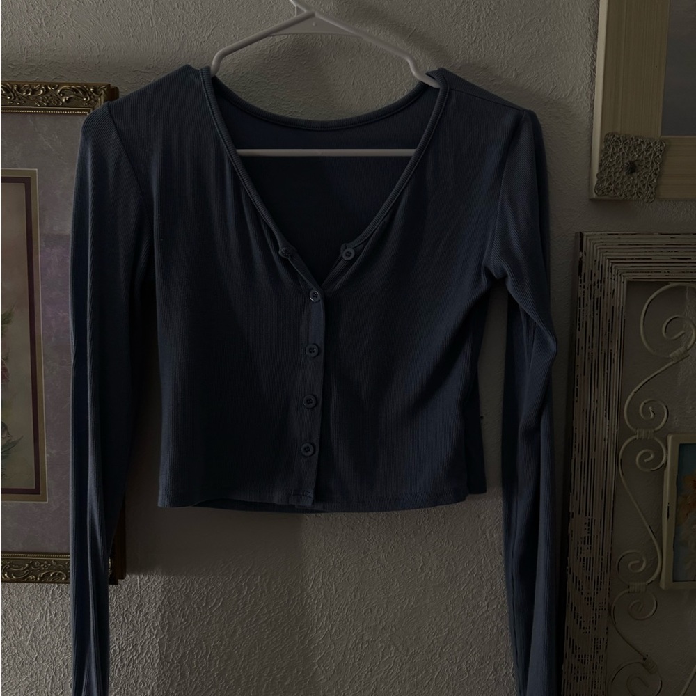 Cropped Blue Button-Up Top